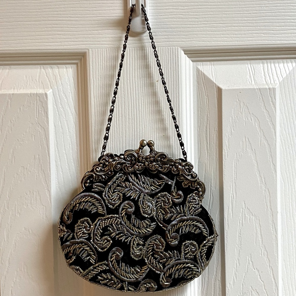 Vintage David’s Bridal beaded satin clutch with chain strap